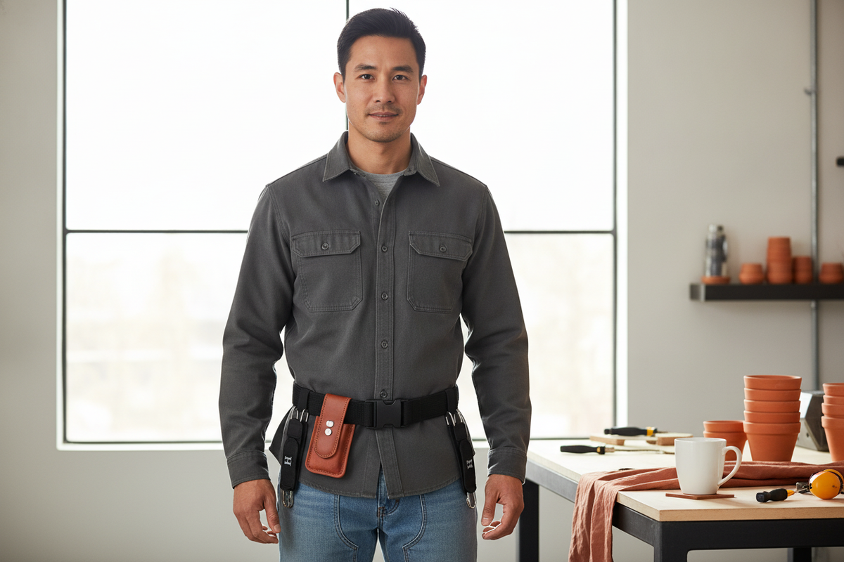 Person wearing a Buckleless Tactical Elastic Work Belt with a metal hook and hook and loop closure, organizing small accessor